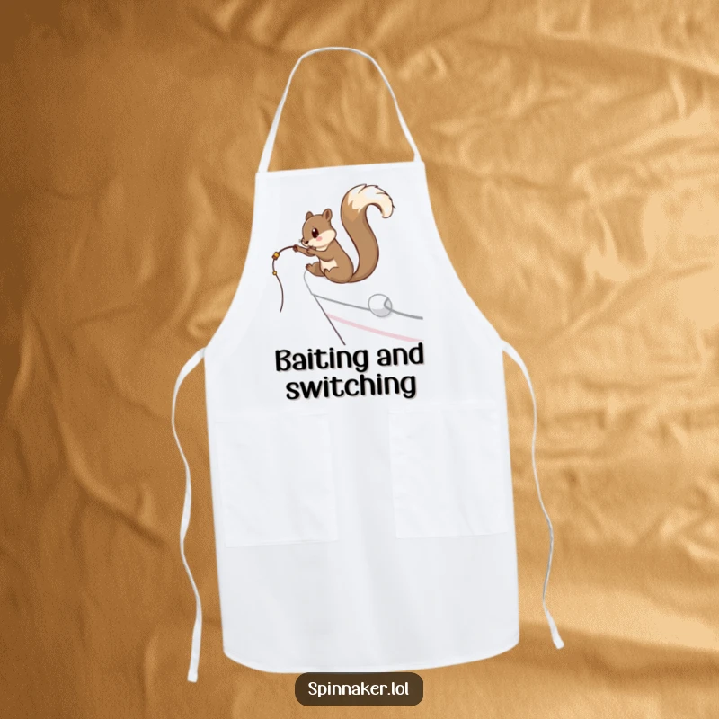 Funny curious squirrel dangling a fishing line off the side of a yacht on an apron, perfect funny gift.