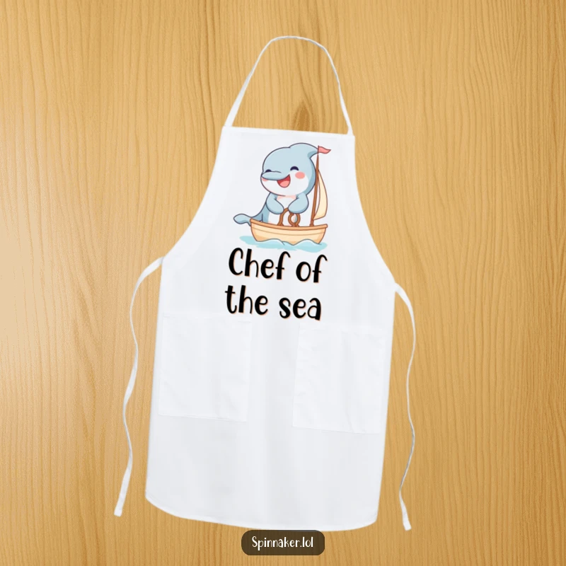 Funny grinning dolphin steering a small sailboat with fluffy paws on an apron.
