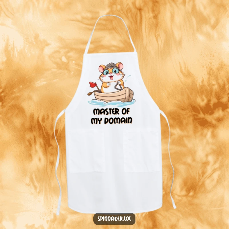 Funny brave hamster confidently navigating a small boat with a large smile on an apron, perfect funny gift.