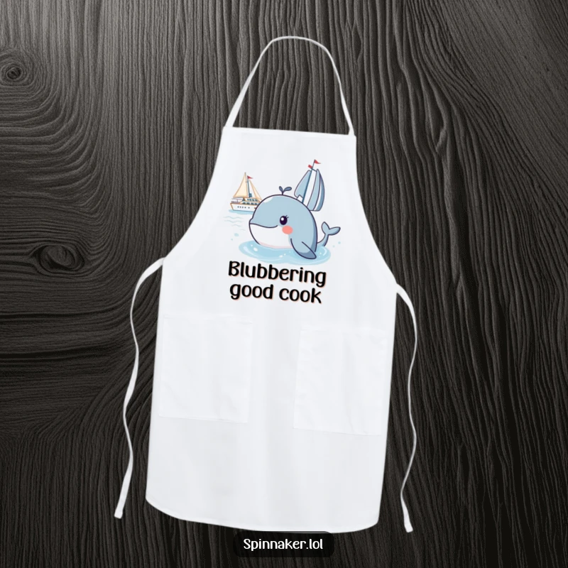 Funny whale apron featuring a curious whale observing a yacht, adding humorous flair to kitchen activities for food lovers.