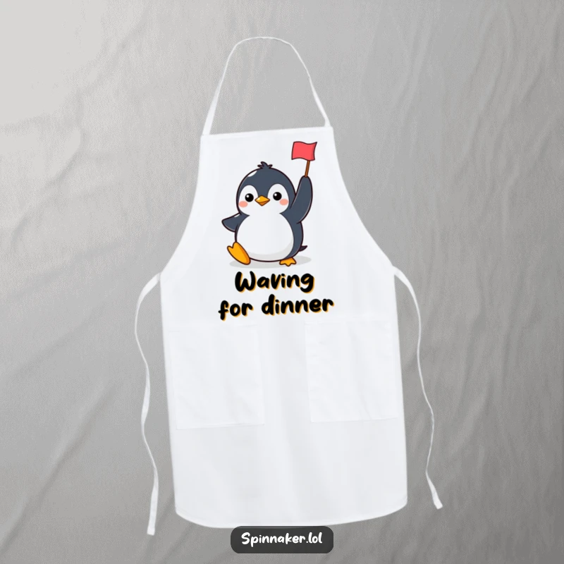 Funny penguin apron showing a determined character smiling and holding a flag, perfect for kitchens and funny chef wear.