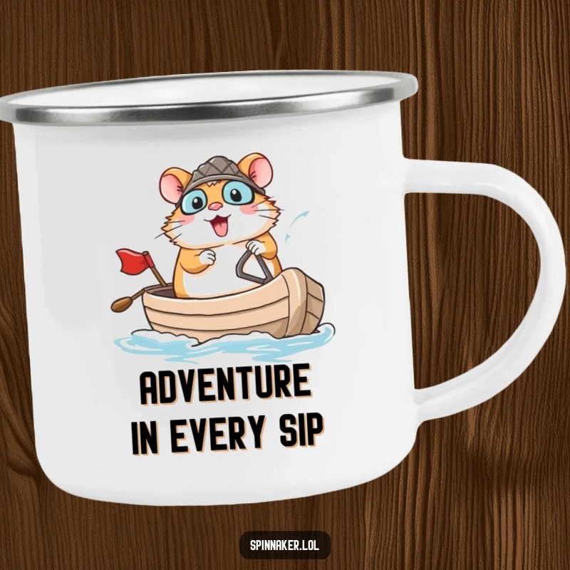 Funny brave hamster confidently navigating a small boat with a large smile on a camping mug, perfect funny gift.