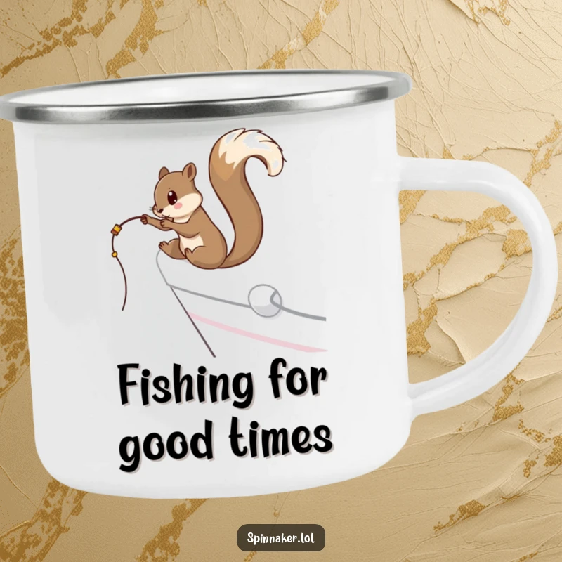 Funny curious squirrel dangling a fishing line off the side of a yacht on a camping mug, perfect funny gift.