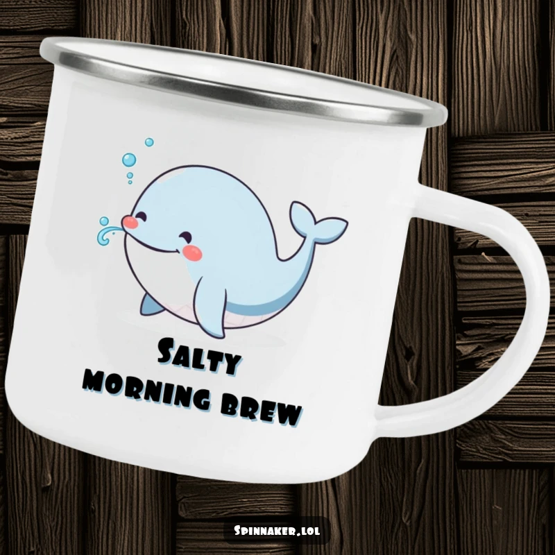 Funny Whale Camping Mug: A smiling whale joyfully blowing a tiny, whimsical water spray, perfect for enjoying drinks outdoors.