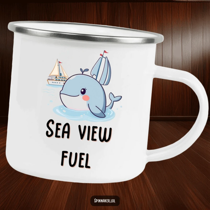 Funny whale camping mug showing a curious whale watching a yacht, perfect for outdoor enthusiasts who enjoy marine-themed humor.