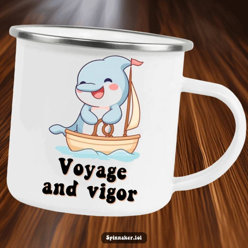 Funny grinning dolphin steering a small sailboat with fluffy paws on a camping mug.