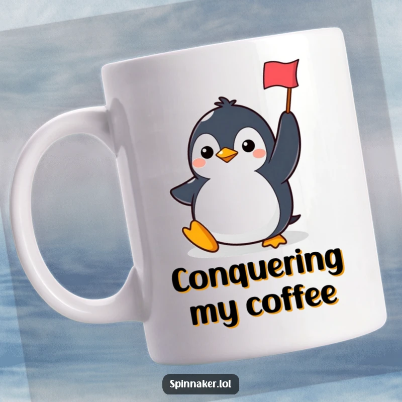 Funny penguin mug featuring a determined character smiling and holding a flag high, symbolizing victory and cheerful determination.