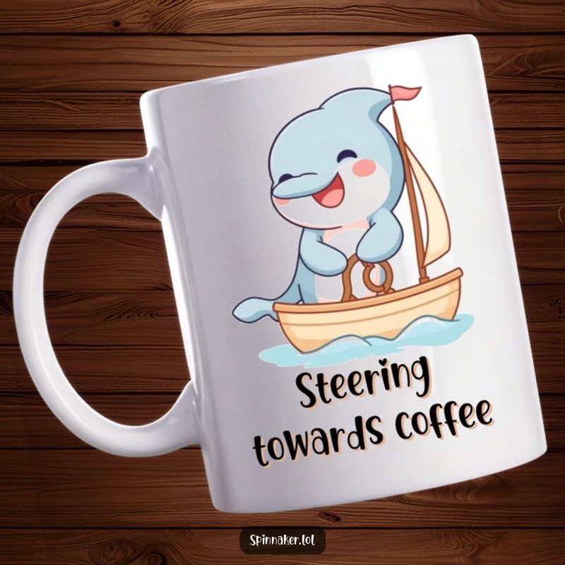 Funny grinning dolphin steering a small sailboat with fluffy paws on a mug.