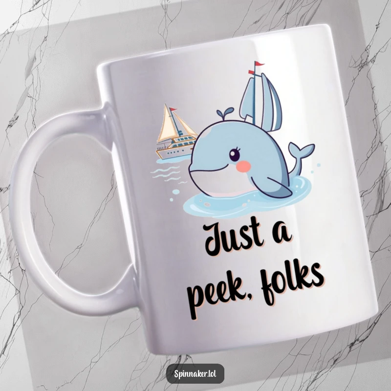 Funny whale mug showing a curious whale peeking from the water, intently watching a luxury yacht, expressing a humorous, inquisitive personality.