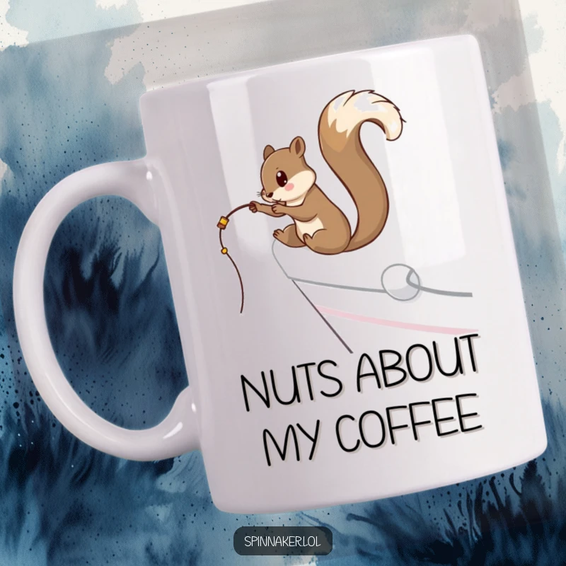 Funny curious squirrel dangling a fishing line off the side of a yacht, perfect for a funny mug gift.
