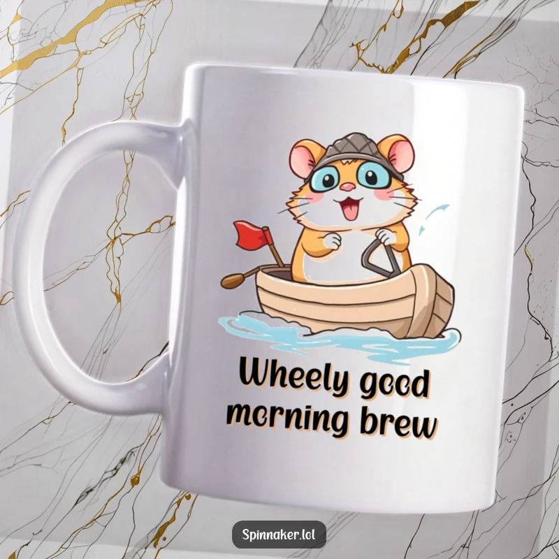 Funny brave hamster confidently navigating a small boat with a large smile, perfect for a funny mug gift.