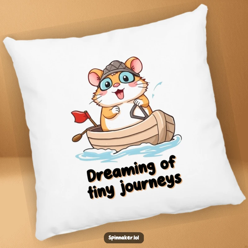Funny brave hamster confidently navigating a small boat with a large smile on a pillow, perfect funny gift.