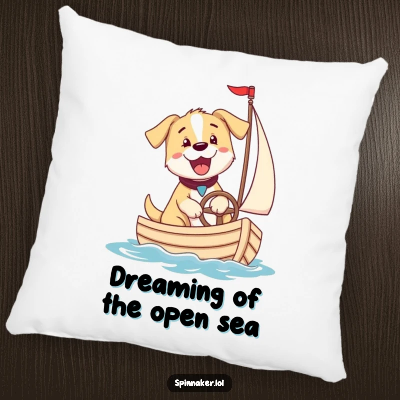 Funny puppy dog steering a sailboat on a comfy pillow, a perfect humorous funny gift.