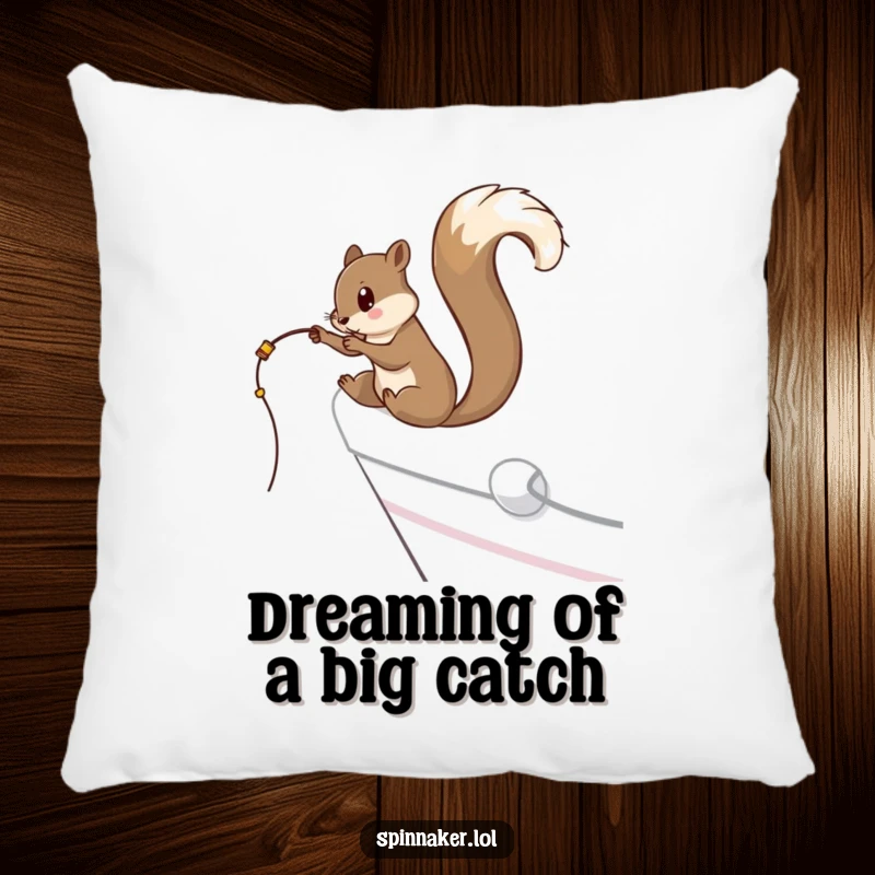 Funny curious squirrel dangling a fishing line off the side of a yacht on a pillow, perfect funny gift.