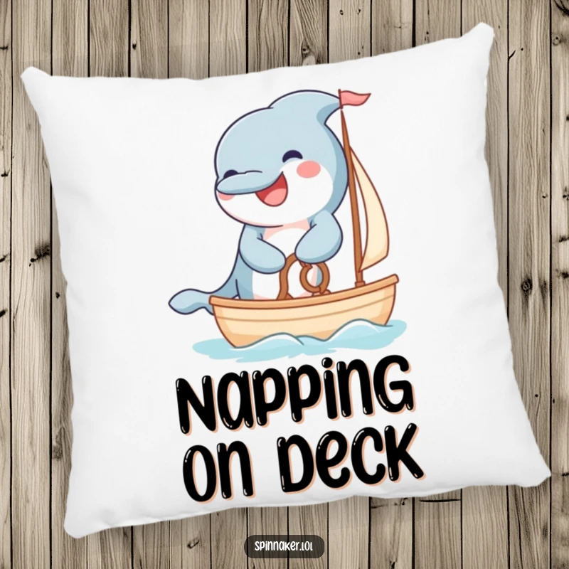 Funny grinning dolphin steering a small sailboat with fluffy paws on a pillow.