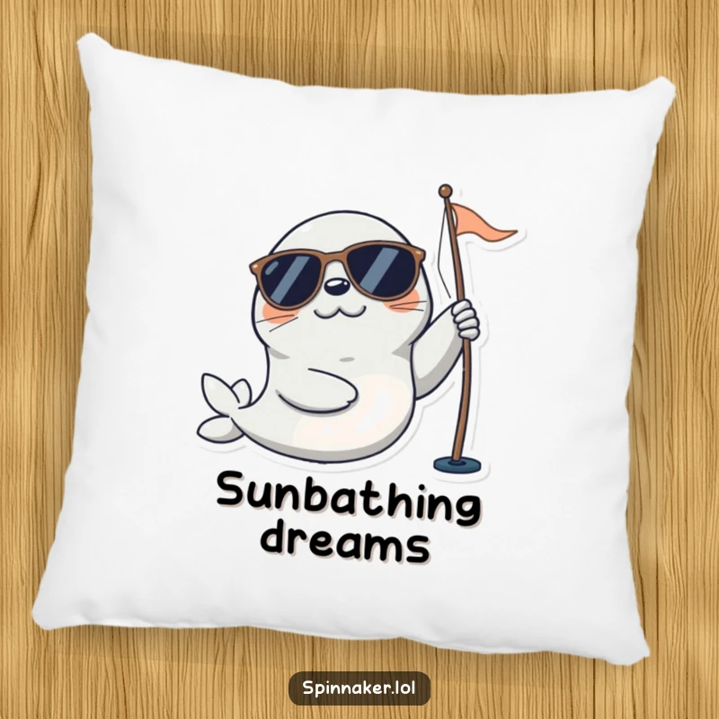 Funny seal pillow featuring a playful character in sunglasses happily adjusting a sail, offering nautical comfort and a touch of happy humor.