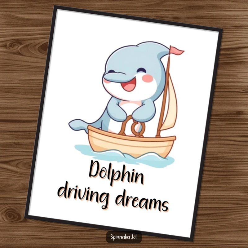Funny grinning dolphin steering a small sailboat with fluffy paws on a digital art print.