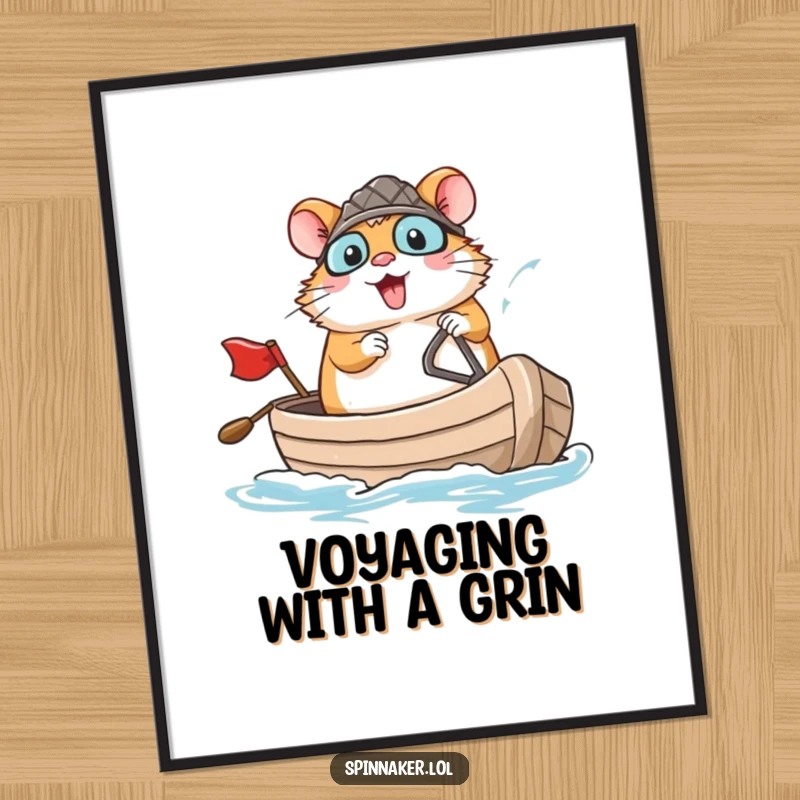Funny brave hamster confidently navigating a small boat with a large smile, instant download funny digital art print, perfect gift.
