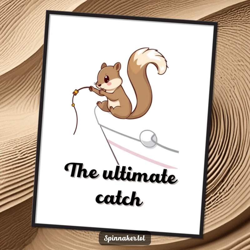 Funny curious squirrel dangling a fishing line off the side of a yacht, instant download funny digital art print, perfect gift.