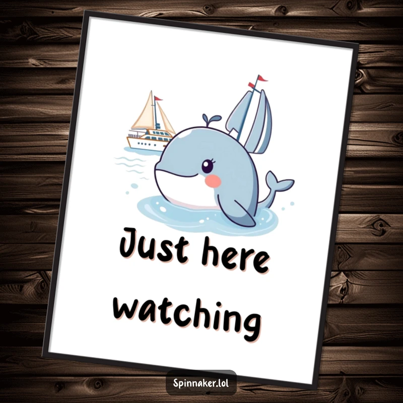 Funny whale digital art print showing a curious whale observing a yacht, a humorous piece ready for instant download and printing.
