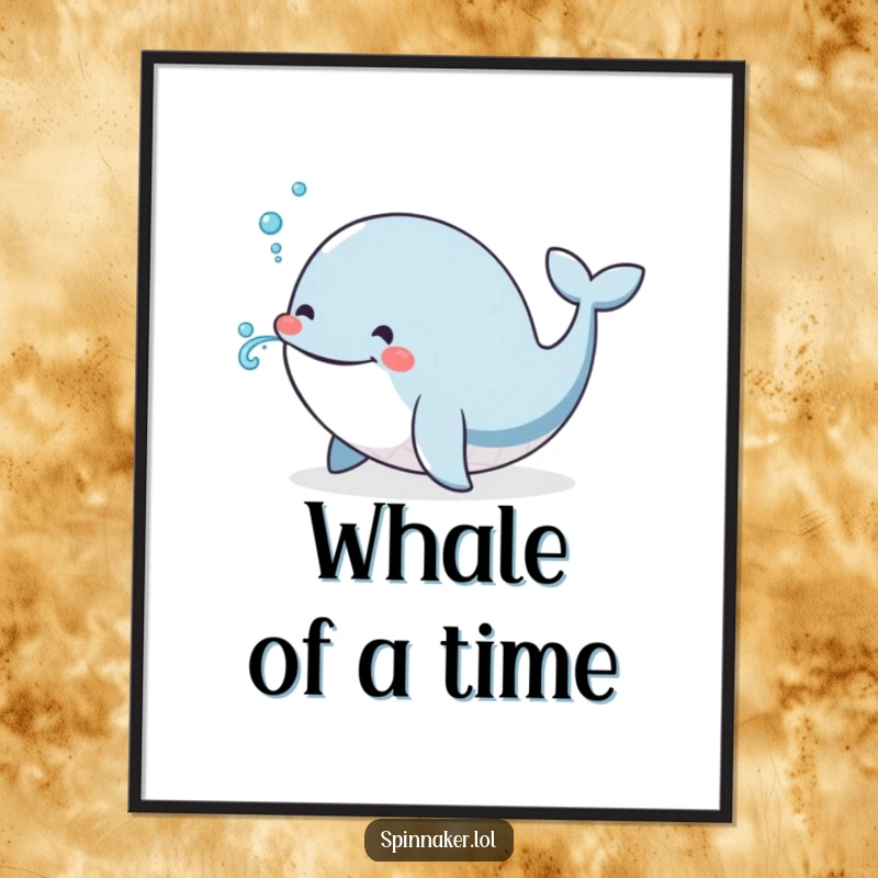 Funny Whale Digital Art: A smiling, happy whale joyfully blows a tiny, whimsical spray of water, perfect for cheerful wall decor.