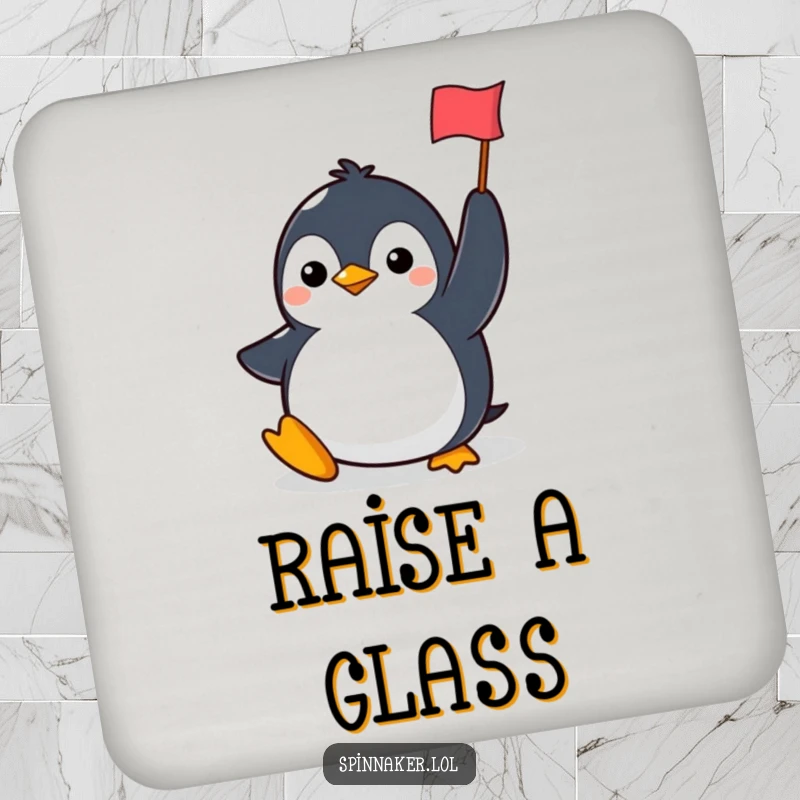 Funny penguin coasters with a determined character smiling and holding a flag, offering protection and a symbol of victory.