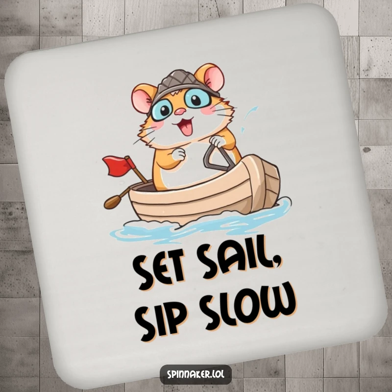 Funny brave hamster confidently navigating a small boat with a large smile on a drink coaster, perfect funny gift.