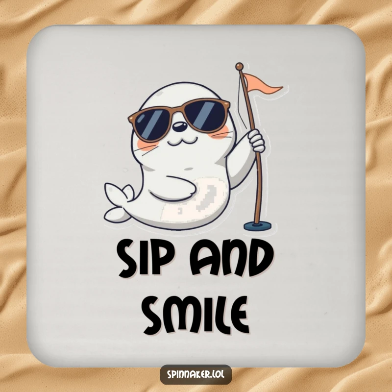 Funny seal coasters with a playful character in sunglasses happily adjusting a sail, offering nautical protection and a dose of humor.