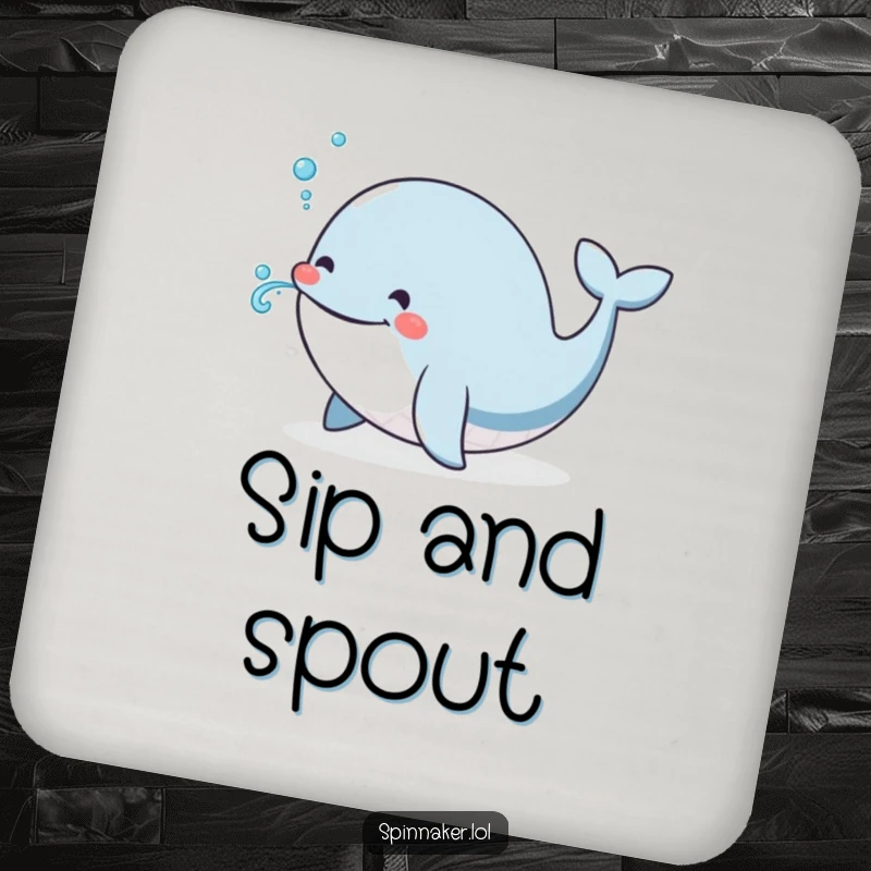Funny Whale Drink Coaster: A smiling whale happily spouting a small, cute jet of water, adding a cheerful touch to any drink.