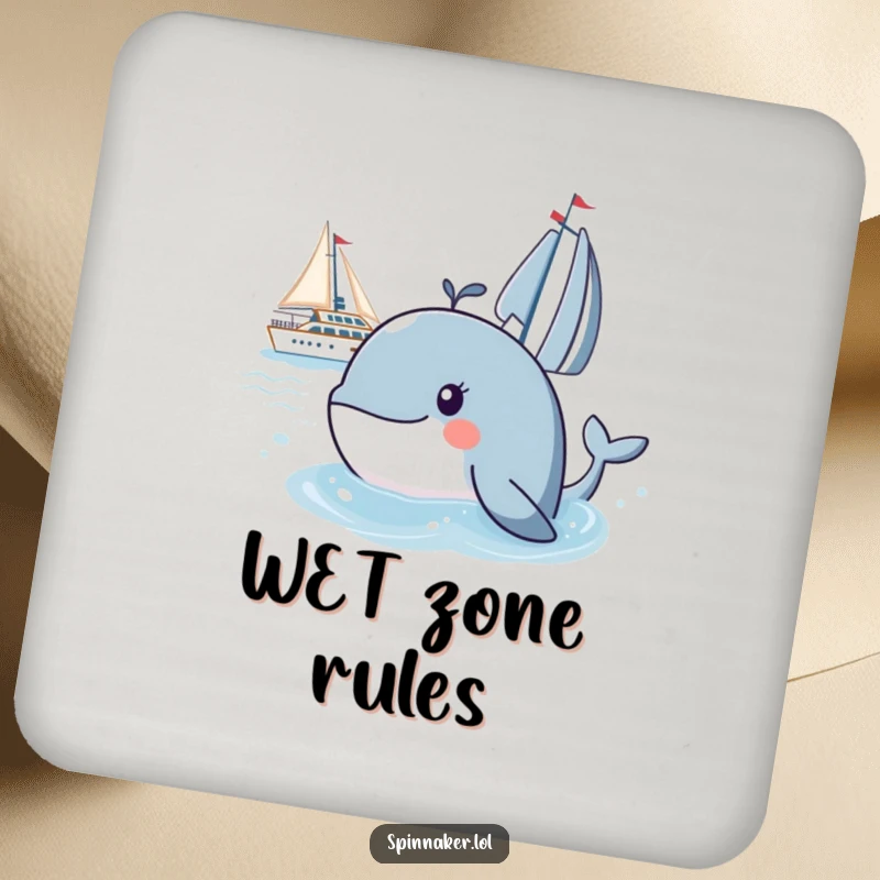 Funny whale drink coaster with a curious whale peeking at a yacht, offering humorous protection for furniture.