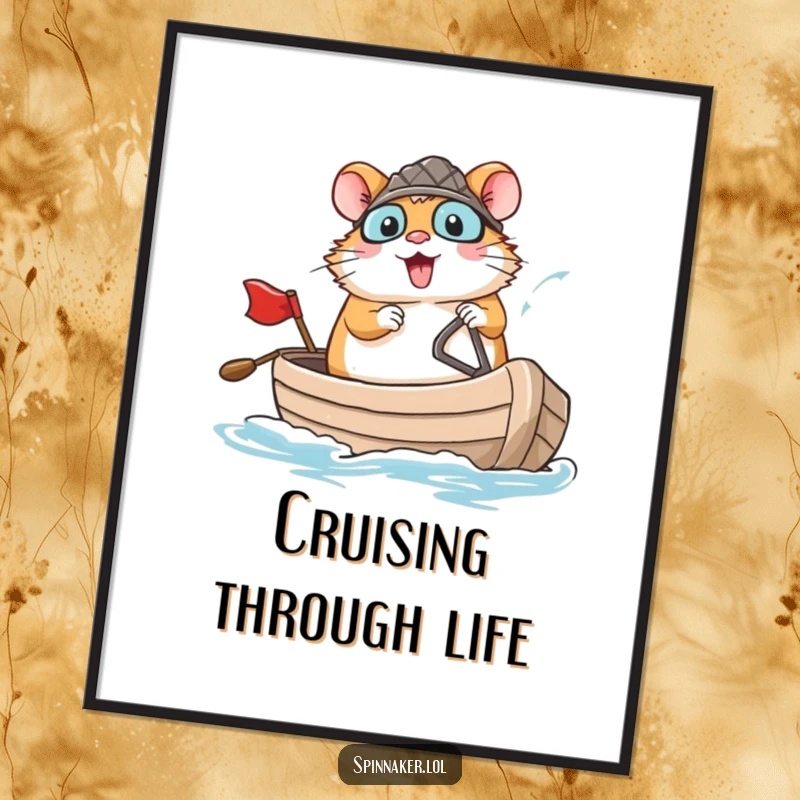 Funny brave hamster confidently navigating a small boat with a large smile, a brave funny poster gift.
