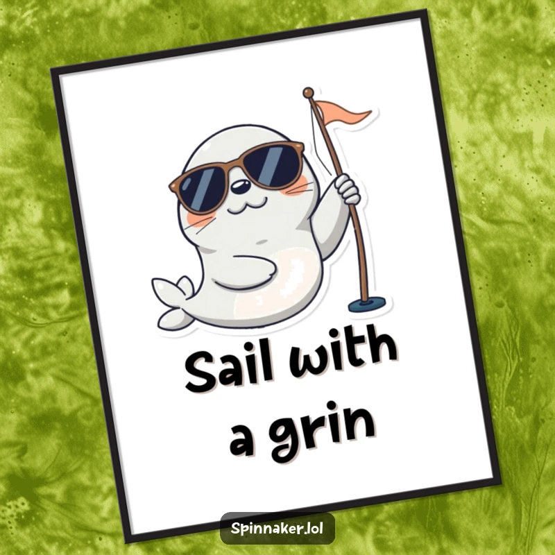 Funny seal poster of a playful character wearing sunglasses and happily adjusting a sail, perfect for nautical-themed rooms and sunny art.