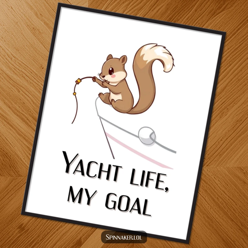 Funny curious squirrel dangling a fishing line off the side of a yacht, a quirky funny poster gift.