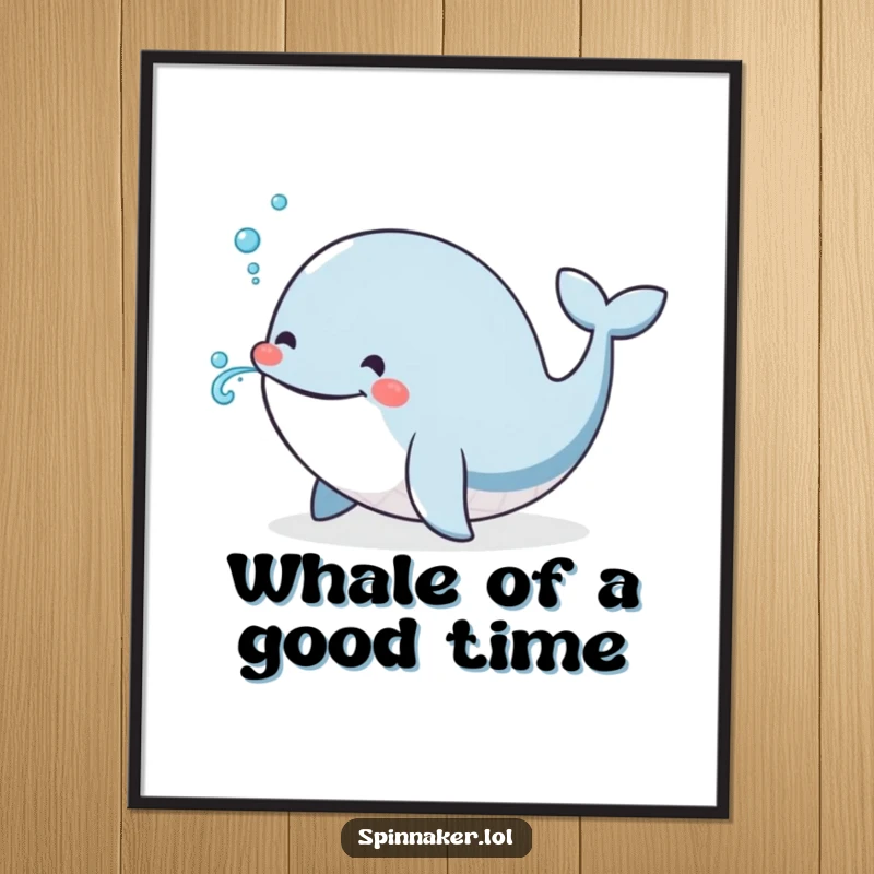 Funny Whale Poster: A smiling whale happily spouts a small, playful jet of water, creating a serene yet humorous ocean scene.