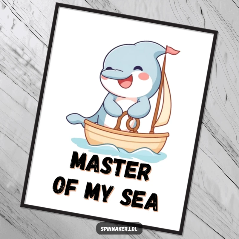 Funny grinning dolphin steering a small sailboat with fluffy paws on a poster.
