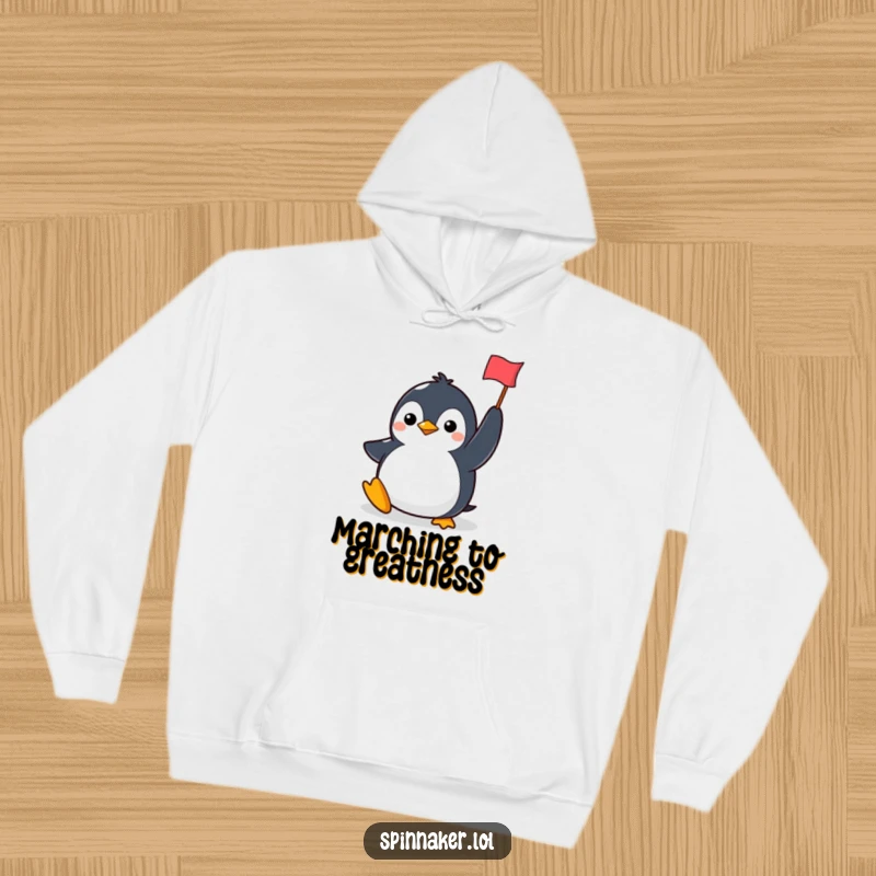 Funny penguin hoodie featuring a determined character smiling and holding a flag, offering cozy comfort and a symbol of victory.