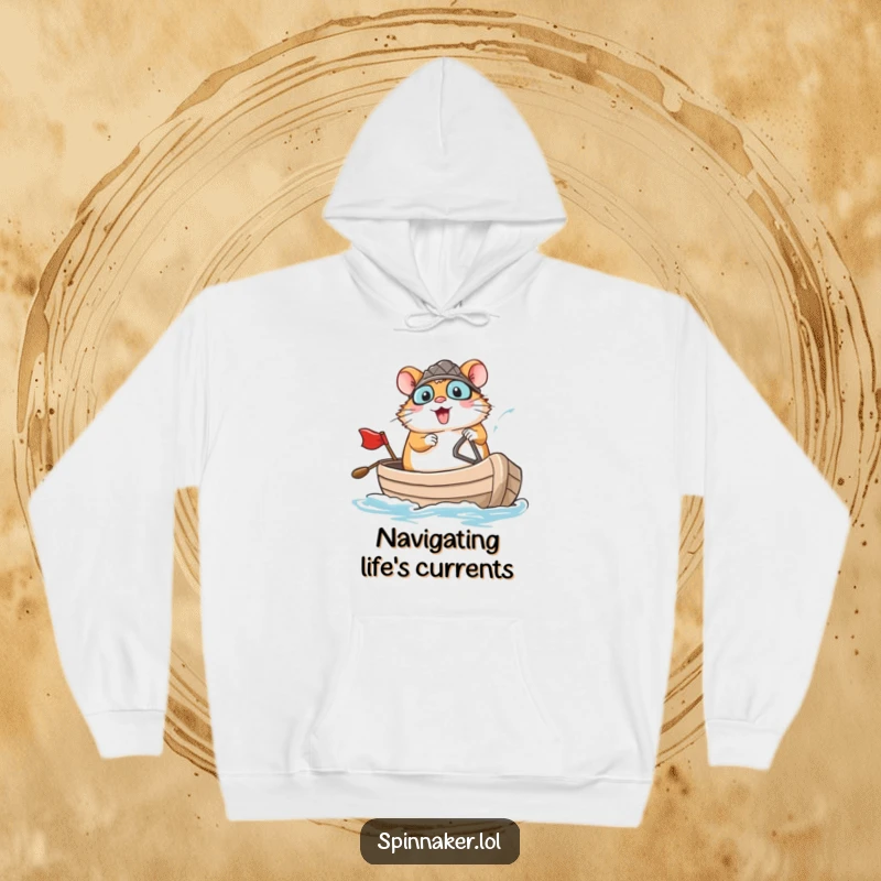 Funny brave hamster confidently navigating a small boat with a large smile on a hoodie, perfect funny gift.
