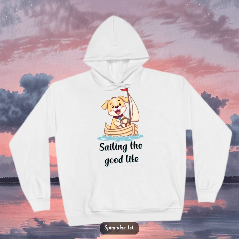 Funny puppy dog steering a sailboat, designed for a cozy and humorous funny hoodie gift.