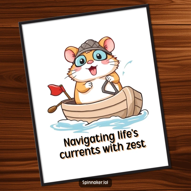 Funny Free Printable Wall Art: Brave hamster confidently navigating a small boat with a wide, happy smile, ready for anything.