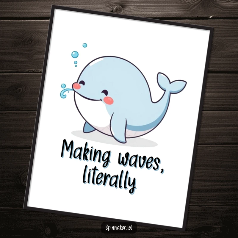 Funny Free Printable Wall Art depicting a happy whale joyfully blowing a small water spout, adding a quirky touch to decor.
