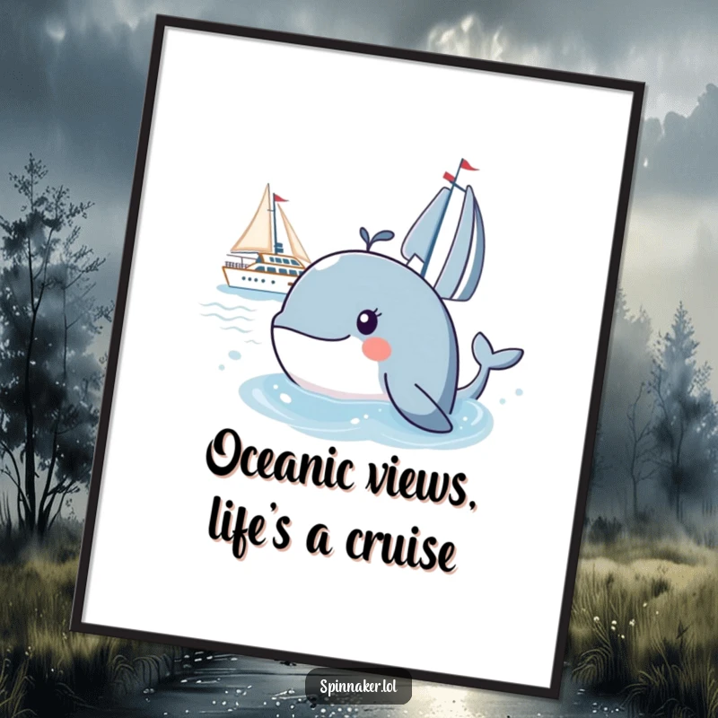 Funny Free Printable Wall Art: A curious whale peeking from water, humorously observing a distant yacht.