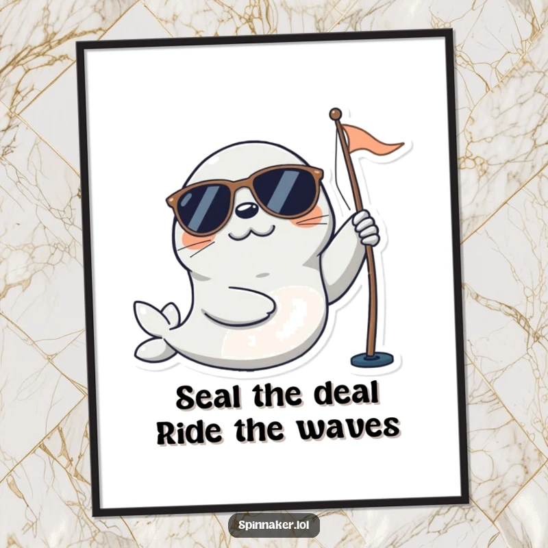 Funny Free Printable Wall Art: Playful seal wearing sunglasses happily adjusts a sail, cheerful and sunny nautical art.