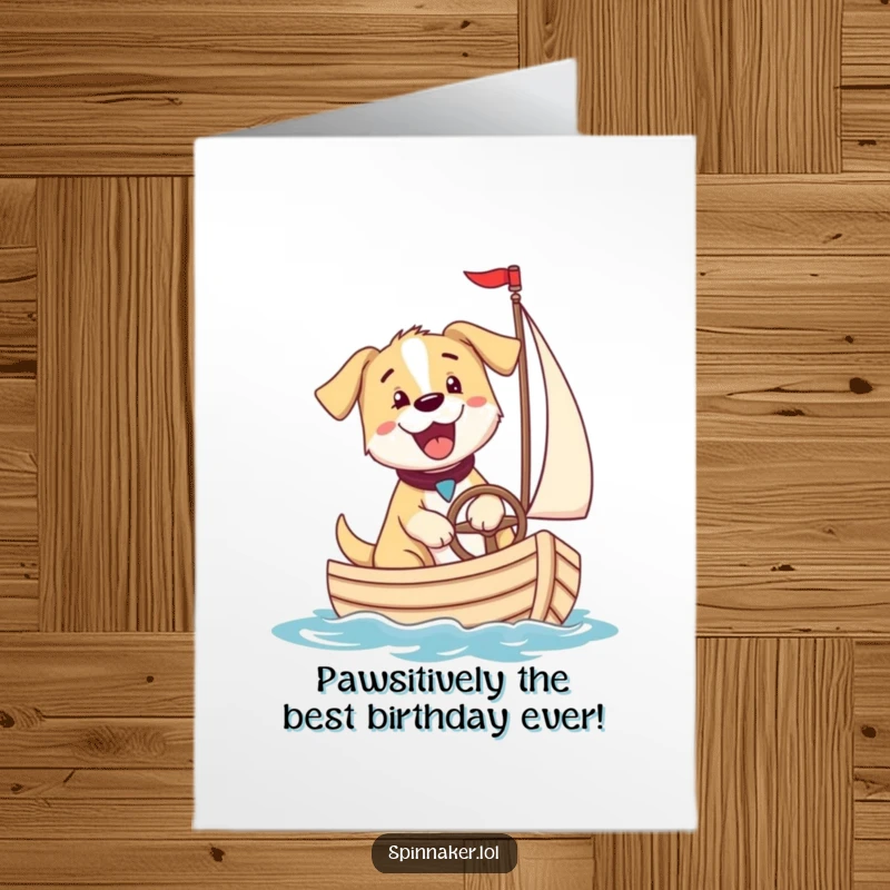 Funny Free Printable Birthday Card: Excited puppy dog joyfully steering a tiny sailboat, ready to bark happy birthday wishes.