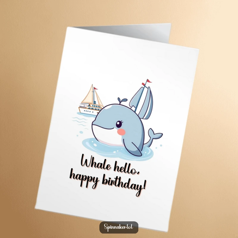 Funny Free Printable Birthday Card: Curious whale peeking from water at a yacht, a humorously relatable spectator.