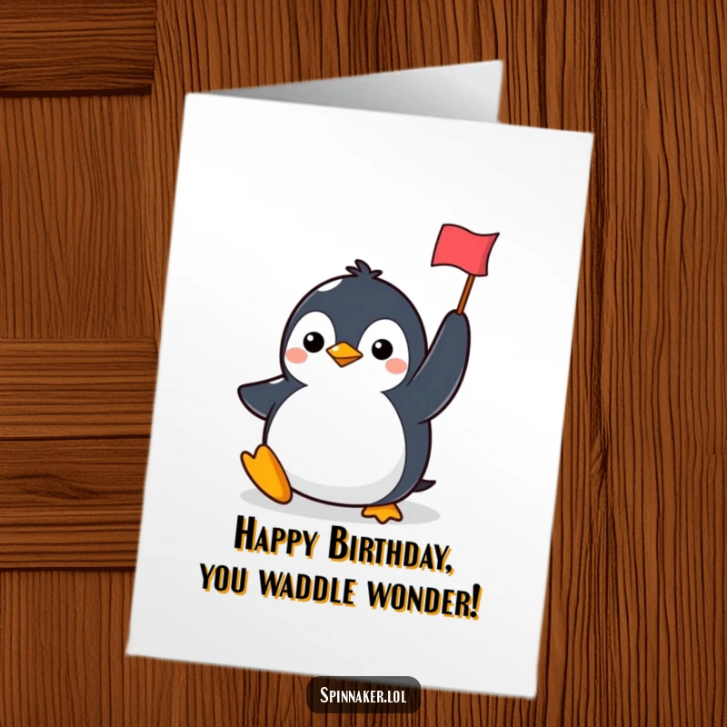 Funny Free Printable Birthday Card: Determined penguin smiling, holding a small flag aloft, celebrating victory.