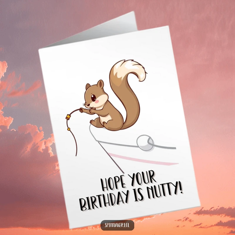Funny Free Printable Birthday Card: Curious squirrel dangling a fishing line off a luxury yacht, hoping for a bite.