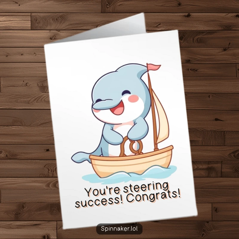 Funny Free Printable congratulations card with a grinning dolphin steering a sailboat with its paws.
