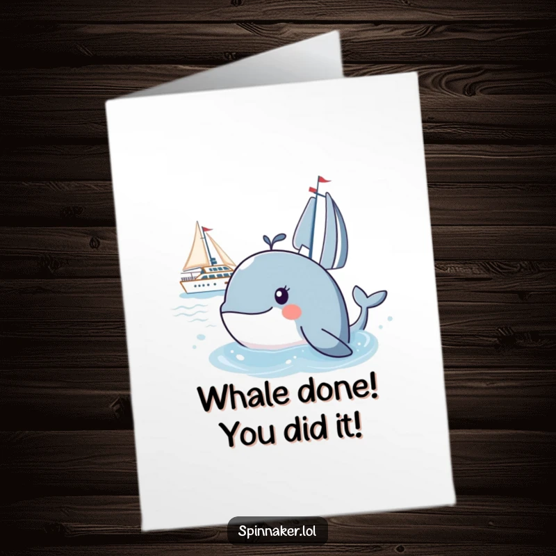 Funny Free Printable Congrats Card: A curious whale observing a yacht, expressing silent amusement and good wishes.