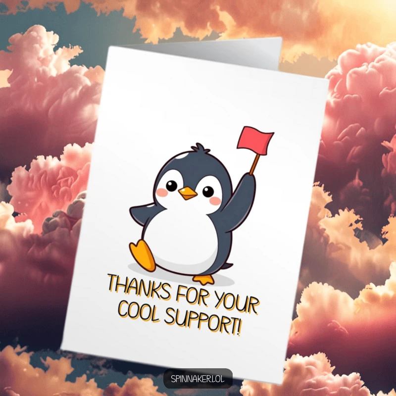 Funny Free Printable Thank You Card: Smiling penguin holding a small flag aloft, a determined and humorous thank you.