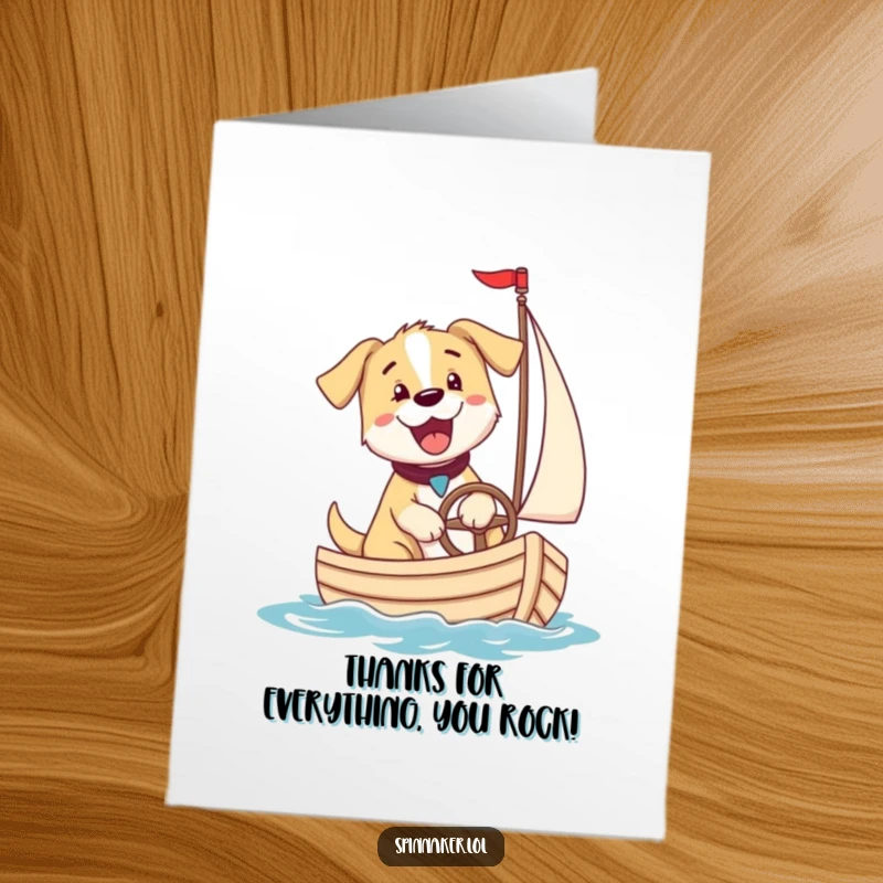 Funny Free Printable Thank You Card: Excited puppy dog steering a small sailboat, expressing heartfelt thanks with a happy bark.